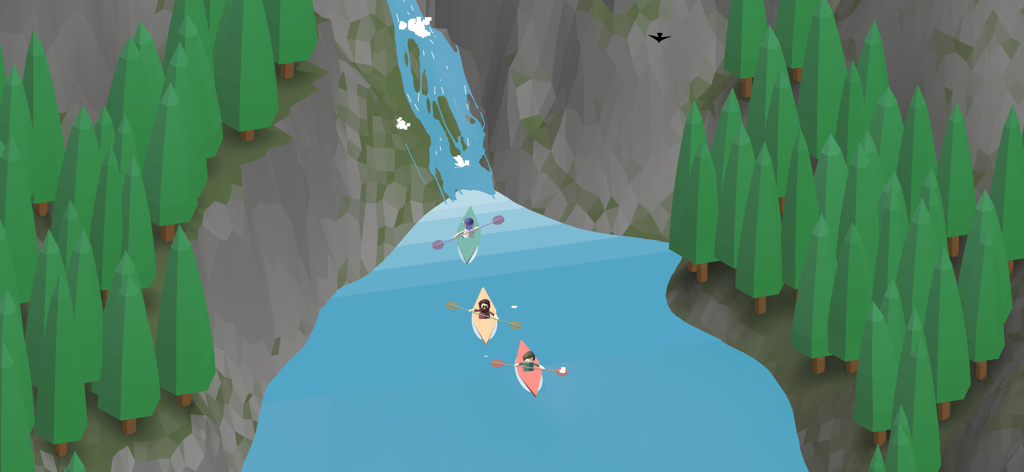 Roia - A minimalist low poly landscape from the game Roia featuring three colorful kayaks on a blue river near a waterfall