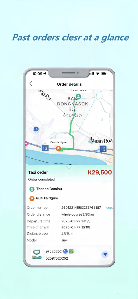 Lao Go Drivers - Lao Go Drivers app screenshot showing a detailed order summary with map navigation and trip earnings