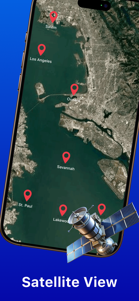 Radar Map, Radar Detector, HUD - Pantalla de smartphone que muestra una vista de mapa satelital con pines de ubicación para la navegación