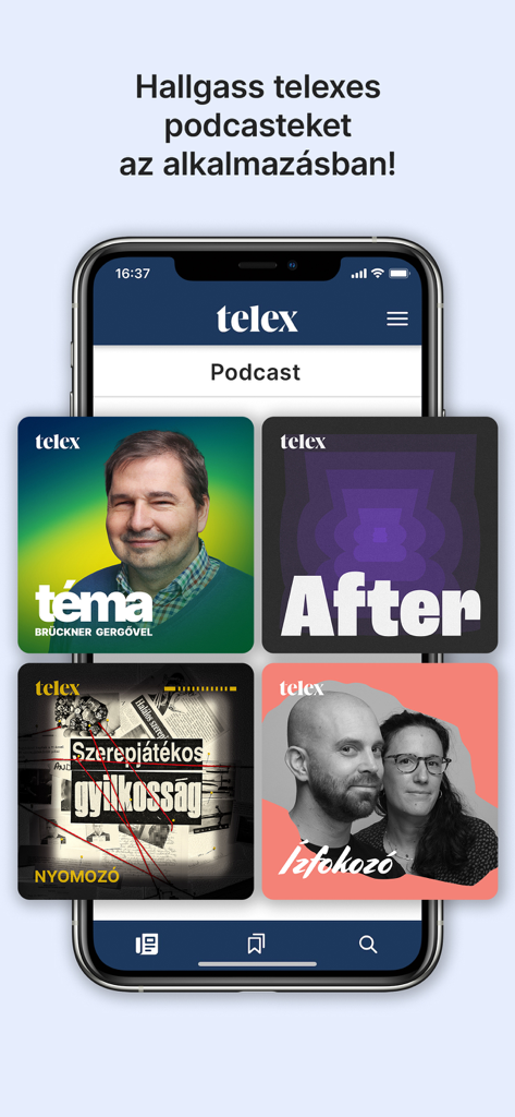 Telex mobile app displaying the podcast section with several Hungarian news and culture programs