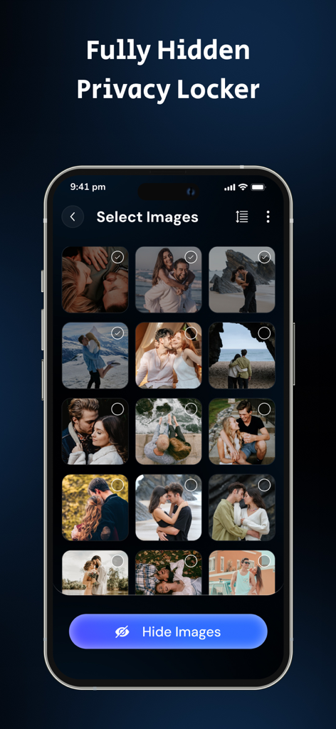Calculator Lock : Hide Video - Interfaz que muestra la pantalla de selección de fotos de la aplicación Calculadora Oculta con un botón Ocultar Imágenes.