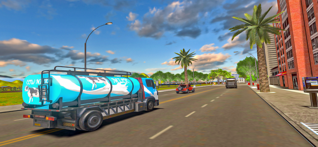 US Cargo Truck Simulator Game - A blue milk tanker truck driving on a city road in the US Cargo Truck Simulator Game.