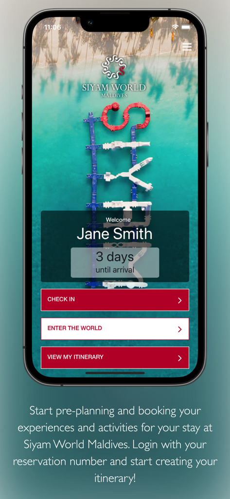 Siyam World - Tela de boas-vindas do aplicativo Siyam World Maldives com contagem regressiva para chegada e botões de planejamento de itinerário
