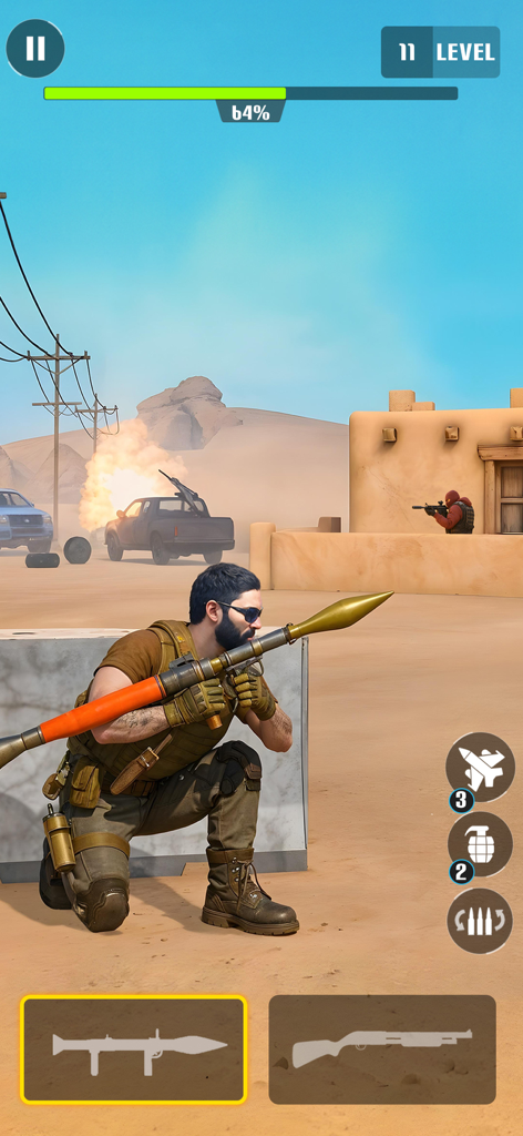 Commando Assault: Gun Shooter - Un personaje comando apuntando con un lanzacohetes en una misión de combate desértico