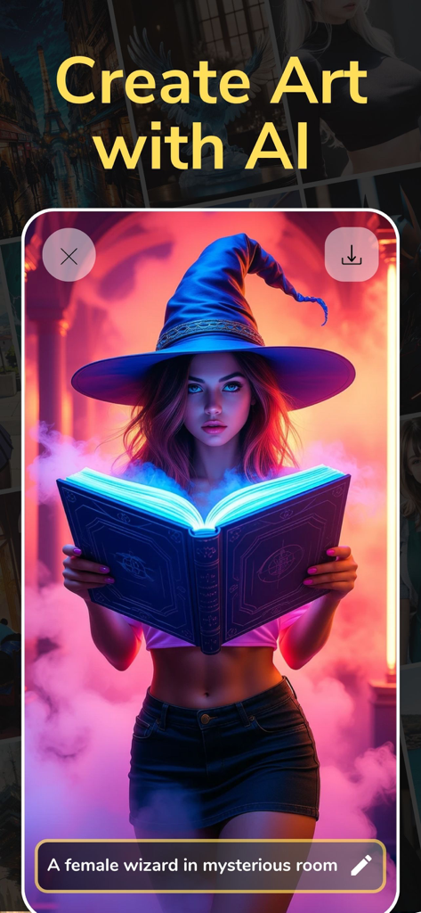 Dreamerland - AI Art Generator - AI generated image of a female wizard holding a glowing book with a text prompt box in the Dreamerland app interface