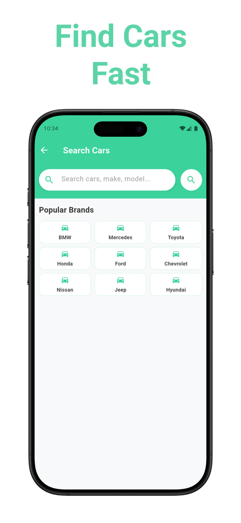 Mobile app screen showing a car search bar and a grid of popular vehicle brands like BMW and Toyota