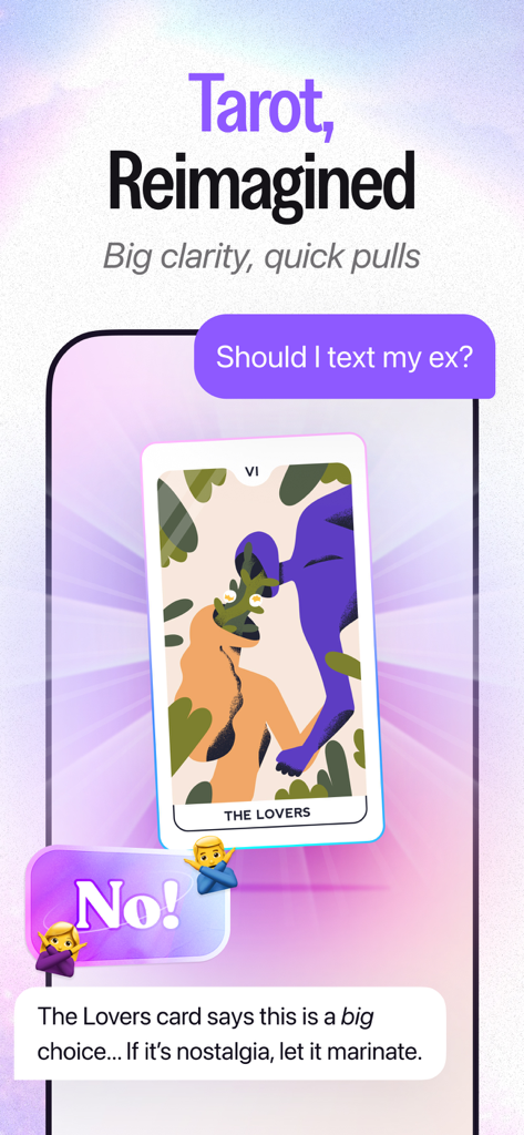 AstroClub app interface showing a digital tarot reading with The Lovers card and relationship guidance.