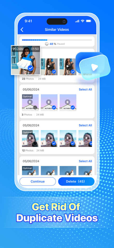 Phone Cleanerアプリのインターフェース。似た写真を選択して削除し、メモリを解放します。