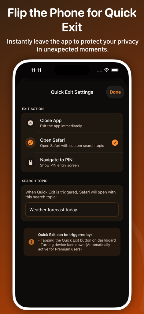 Private Photo Vault: iLockBox - Settings screen for the Quick Exit feature in the iLockBox private photo vault app showing options to close the app or open a web browser.