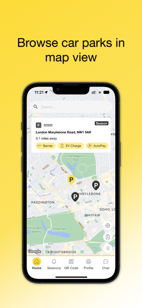 NCP - NCP app interface showing a map of London with available parking locations and car park details