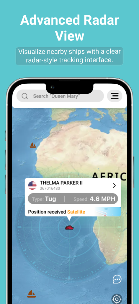 Marine Radar: Ship Tracking - Vista de radar avanzada en la aplicación Radar Marino que muestra seguimiento de barcos en tiempo real y detalles de la embarcación en un mapa.