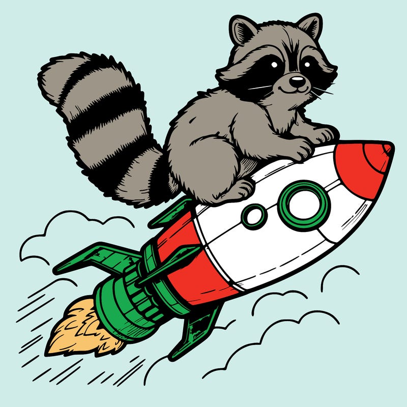 realistic raccoon flying on top rocket ship
