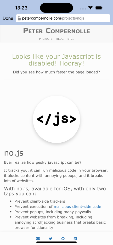 Landing page of the no.js app for iOS showing its benefits for disabling javascript and blocking trackers