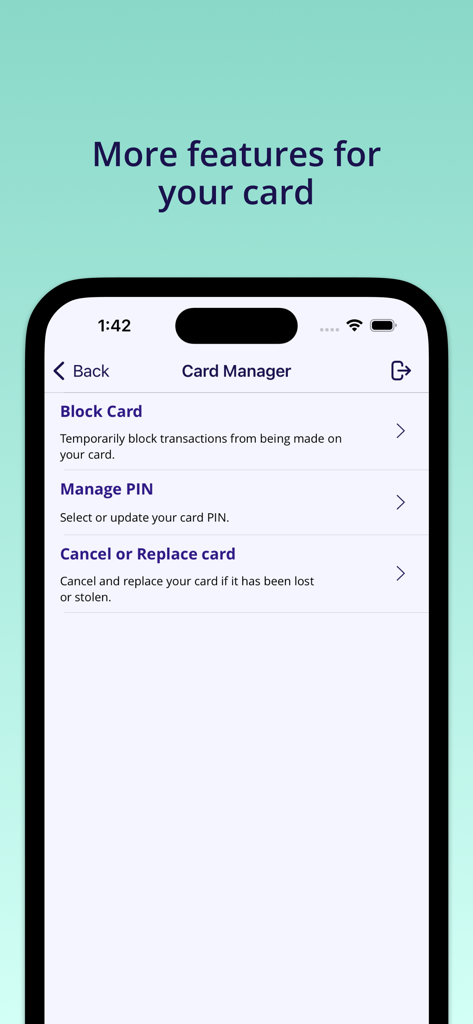 TSB Bank Ltd Mobile Banking - TSB Bank mobile app Card Manager screen showing options to block card, manage PIN, and replace card.
