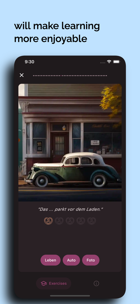Interfaz de ejercicio de vocabulario alemán con una imagen de un coche y opciones de palabras de opción múltiple