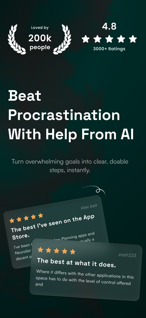 neurolist: AI Planner for ADHD - Schermata promozionale per l'app Neurolist con recensioni degli utenti e il titolo Batti la Procrastinazione con l'Aiuto dell'IA.