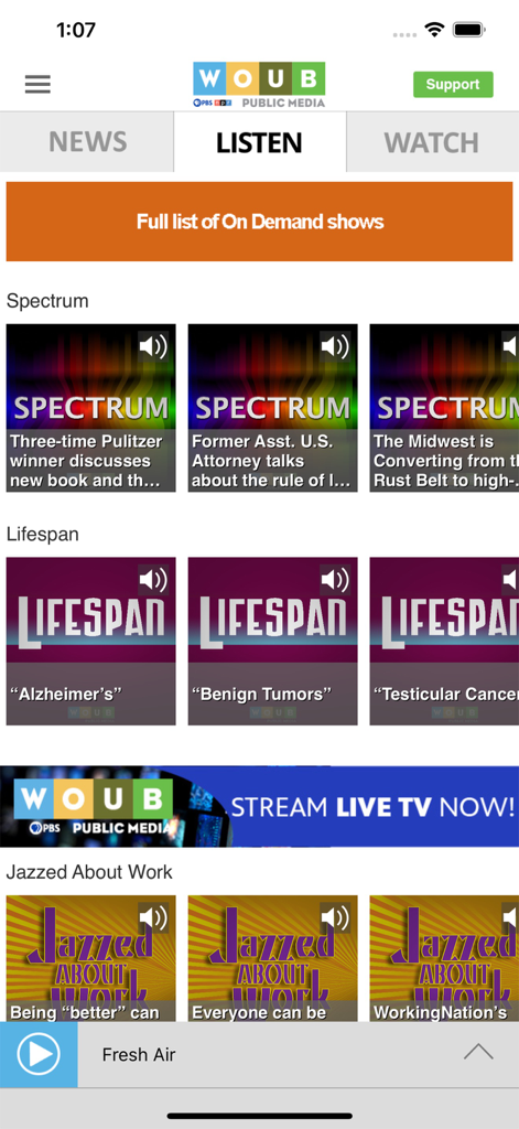 WOUB Public Media App - Interface of the WOUB Public Media app showing the Listen tab with on demand radio shows