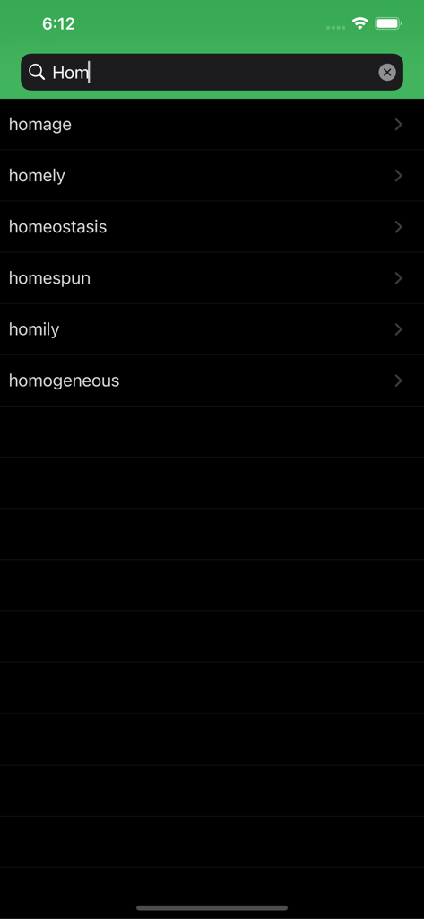 Search screen of the GRE English Vocabulary Builder app showing a list of words starting with hom such as homage and homely.