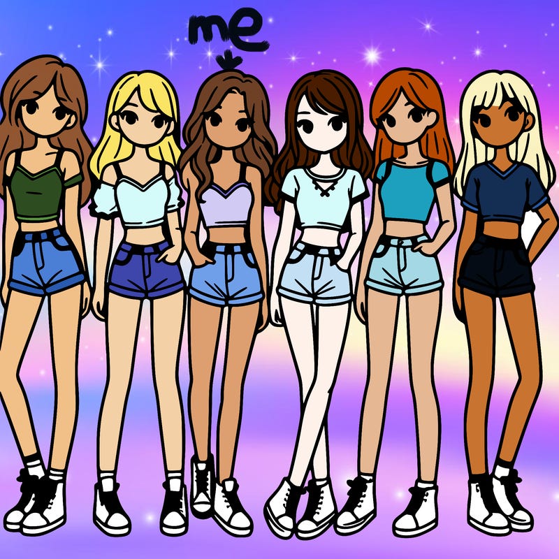 a group of girls wearing crop tops and shorts