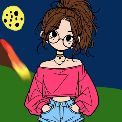 girl with a messy ponytail glasses a baggy crop top and jean shorts