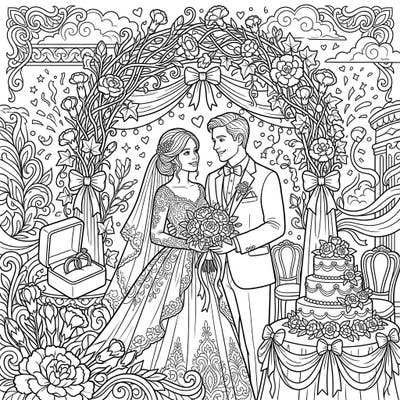 Immerse yourself in the magic of a wedding day with this beautiful coloring page featuring a happy couple and delicate carnation buds. This intricate design captures the joy and romance of a special celebration, perfect for all skill levels.