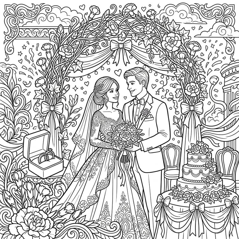 Immerse yourself in the magic of a wedding day with this beautiful coloring page featuring a happy couple and delicate carnation buds. This intricate design captures the joy and romance of a special celebration, perfect for all skill levels.