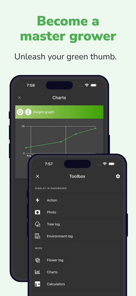 Screenshots of the Grow with Jane app showing plant growth charts and a toolbox menu for cultivation tracking