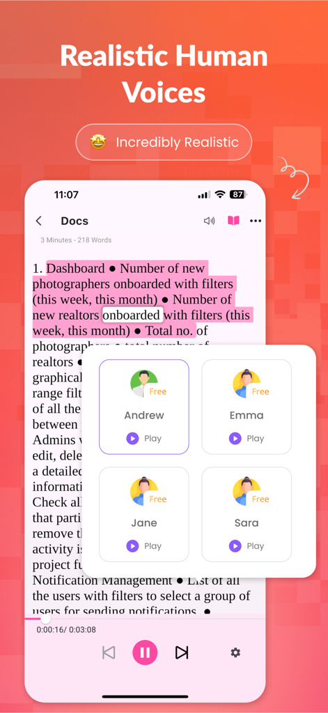 Crikk app interface showing a selection of realistic human AI voices for text to speech reading