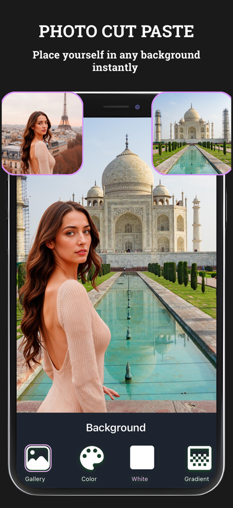 Photo Cut Paste - Screenshot of the Photo Cut Paste app showing a woman edited into a Taj Mahal background with various editing options