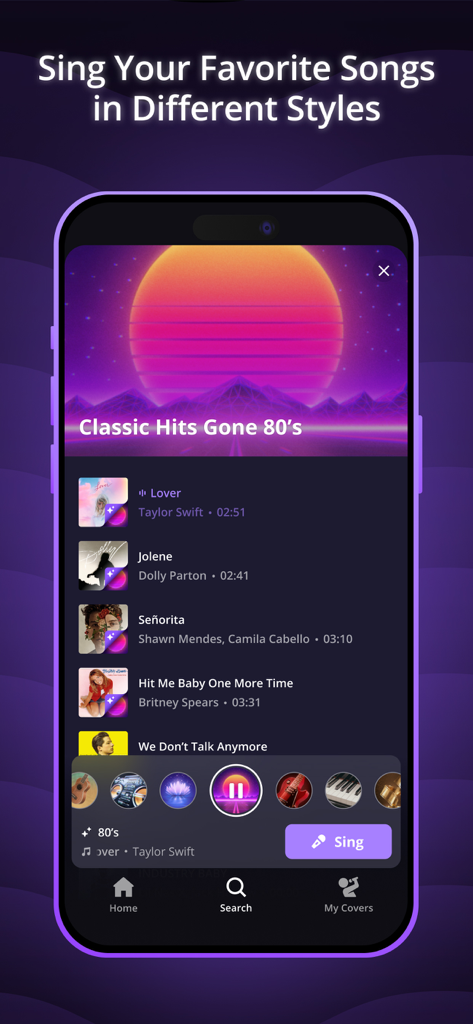 Mixit: Sing & Create Covers - Mixit app screen showing a list of songs like Lover by Taylor Swift with an 80s style music filter applied.