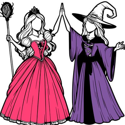 detailed realistic split of a princess and a witch