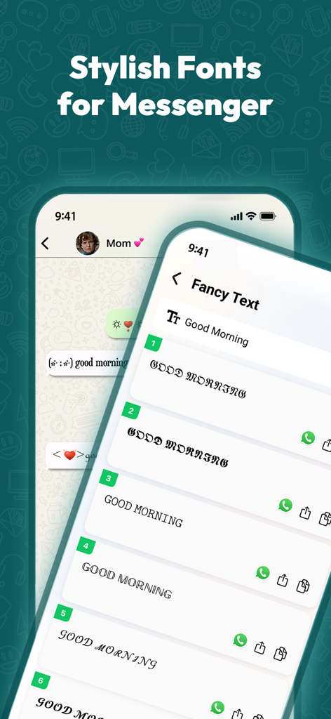 WA Dual Messenger for WhatsApp - Pantalla de aplicación móvil que muestra varios estilos de fuentes elegantes y texto llamativo para el mensajero.