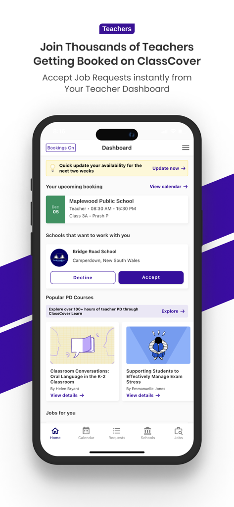 ClassCover - ClassCover Lehrer-Dashboard-Oberfläche, die eine Schulauftragsanfrage mit Akzeptier- und Ablehnungsoptionen anzeigt.
