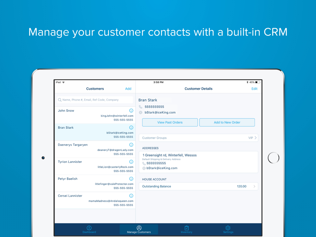Revel POS iPad app displaying a customer contact list and individual profile details in the CRM module