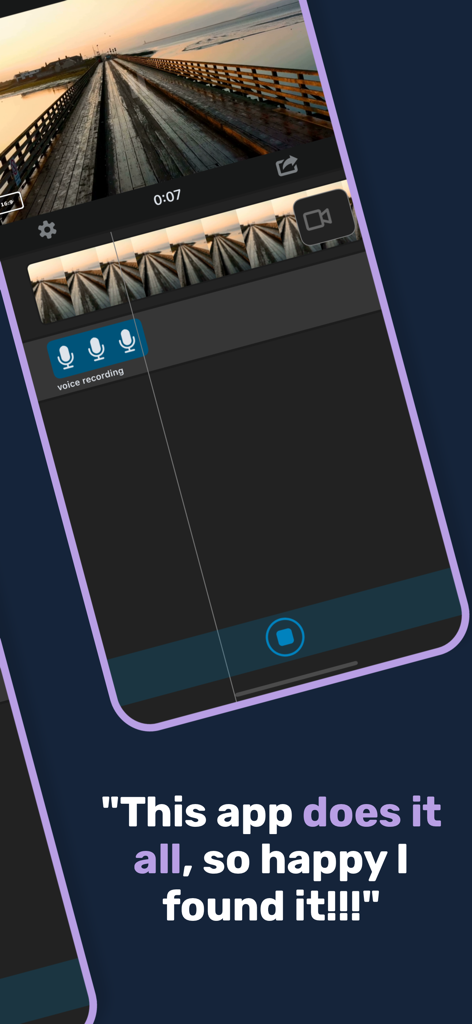 Benutzeroberfläche der Voice Over Video-App, die eine Videoleinwand und Sprachaufnahmespuren anzeigt