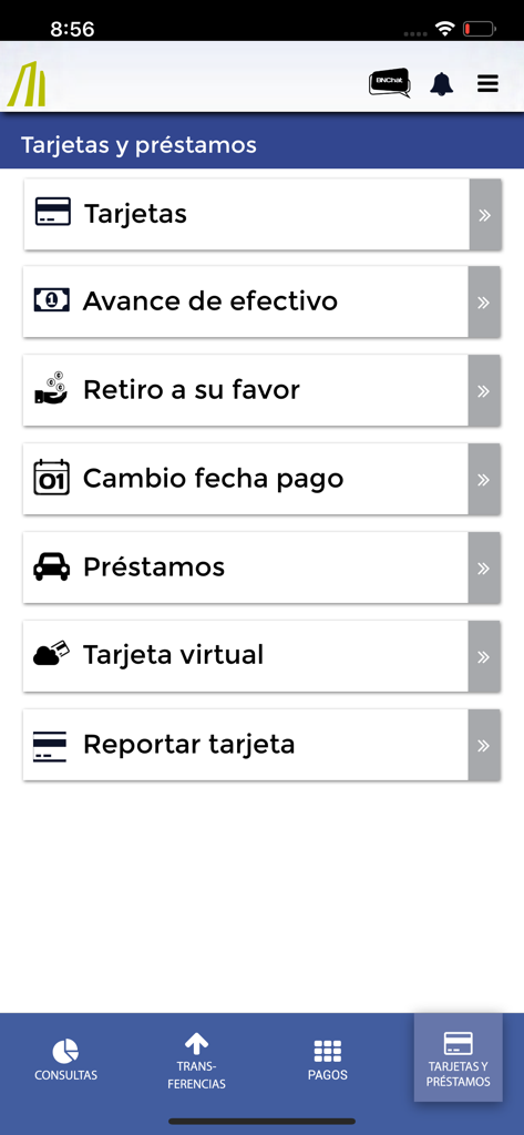 BN Móvil - Interface of the BN Movil app showing options for managing credit cards and loans