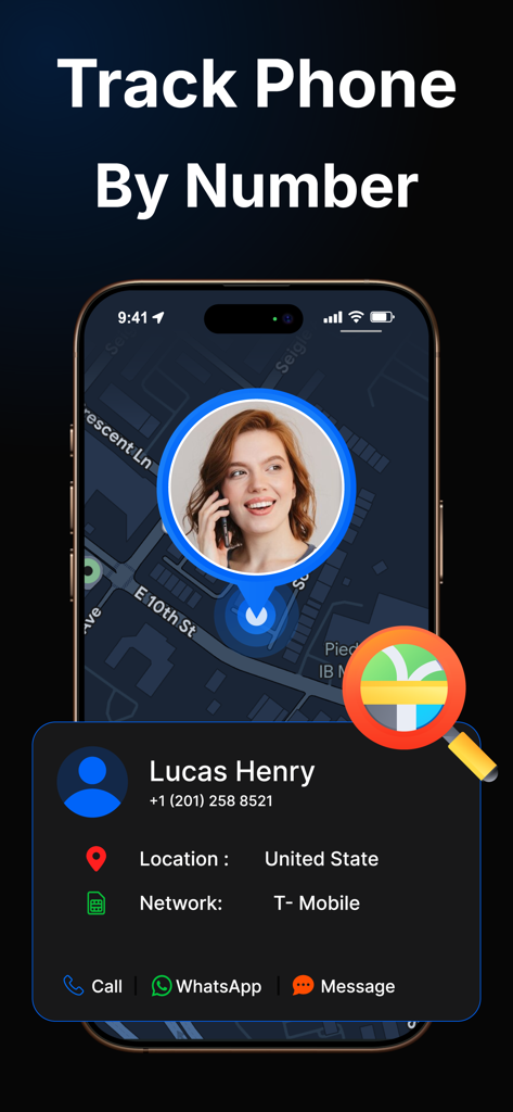 Phone Number Location Finder - T-Mobileネットワークを使用している米国にいるLucas Henryという連絡先の通話場所を示すピンが地図上に表示されているモバイルアプリのインターフェース