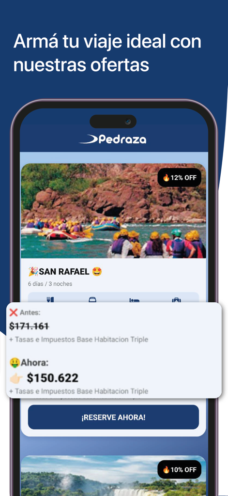 Pedraza Travel and Tourism - Aplicación Pedraza Travel que muestra un paquete vacacional con descuento a San Rafael