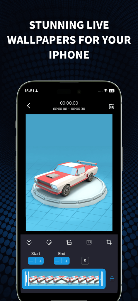 Wallpaper - Live Engine - Interface de l'application iPhone montrant une vidéo de voiture 3D en cours de conversion en fond d'écran animé.