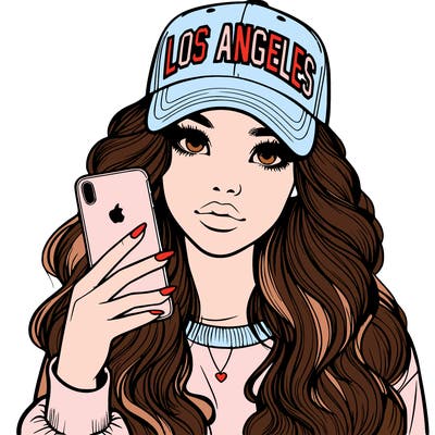 realistic beautiful girl wearing los ángeles cap holding an iphone
