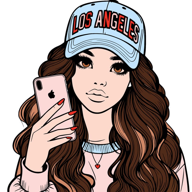 realistic beautiful girl wearing los ángeles cap holding an iphone