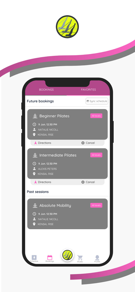 Absolute Studios - Absolute Studios app interface showing a list of future and past pilates class bookings