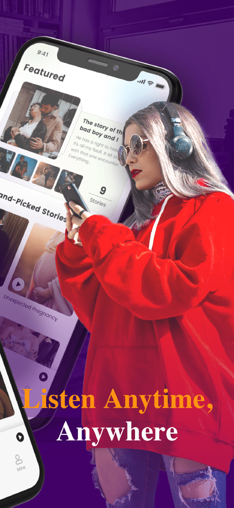 Funtel-Stories&Books,Webnovels - Woman wearing headphones and using the Funtel app to listen to audiobooks and webnovels