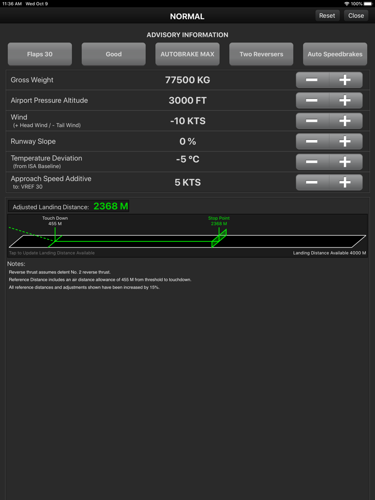 Boeing Interactive QRH app displaying adjusted landing distance calculations and runway performance diagram