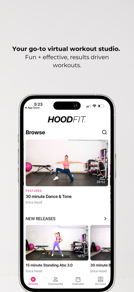 HoodFit app home screen displaying rhythm based dance and toning workout videos