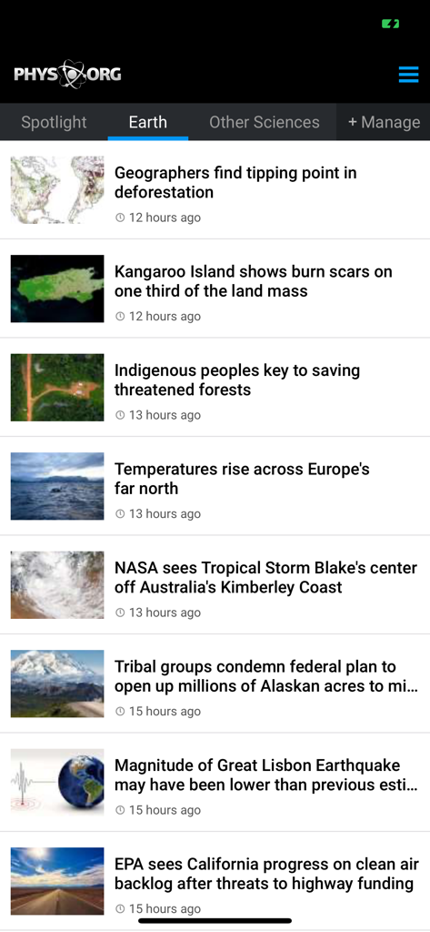 Phys.org mobile app interface showing a list of news articles and headlines under the Earth category tab