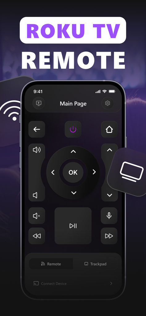 Roku TV remote control app interface on a smartphone screen with dark mode UI