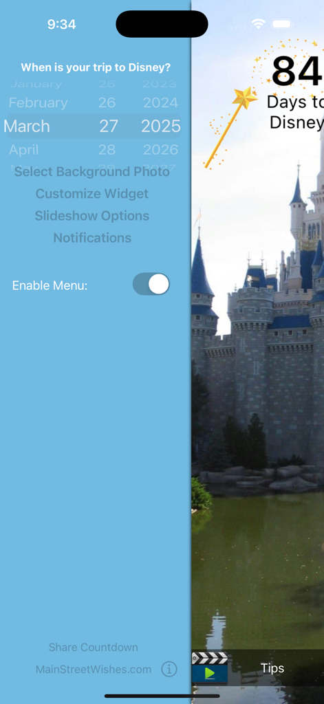 Countdown for Disney - Interfaz de la aplicación de cuenta atrás de Disney que muestra el menú con un selector de fecha para la planificación de viajes y opciones de fotos de fondo.