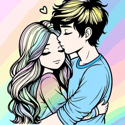 a realistic couple boy and girl hugging and kissing