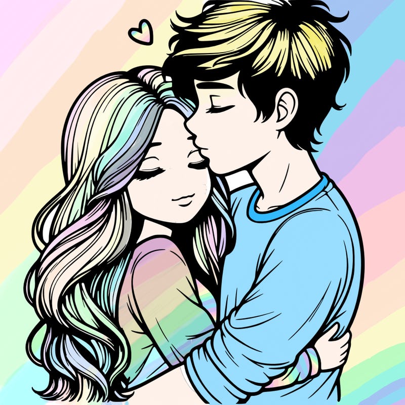 a realistic couple boy and girl hugging and kissing